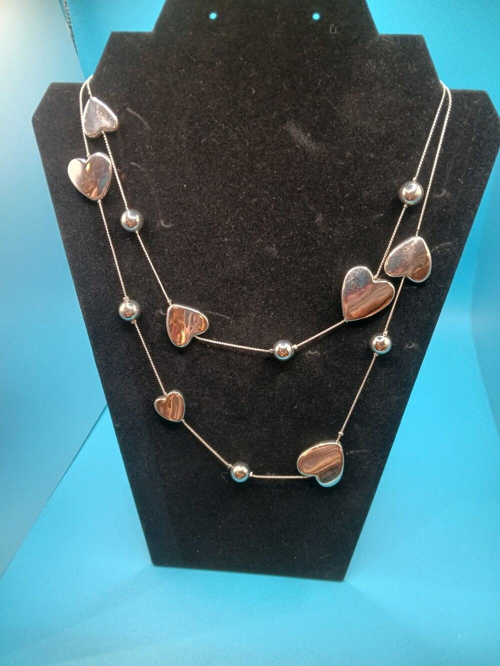 Signed Next Silvertone Necklace Station Hearts Round Beads 40"+3"ext